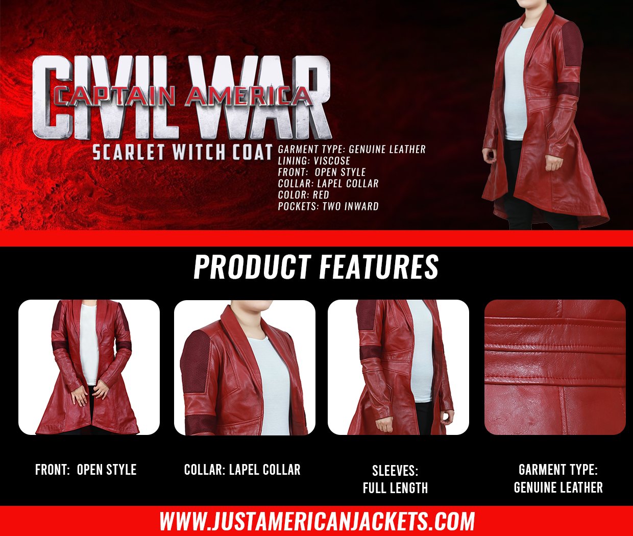 Captain America Civil War Red Leather Coat for Women