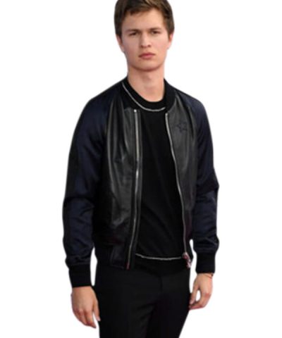 Ansel Elgort Leather Bomber Varsity Jacket