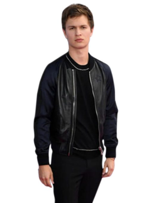 Ansel Elgort Leather Bomber Varsity Jacket