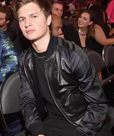 Ansel Elgort Black Leather Varsity Jacket