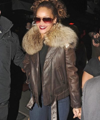 Rihanna Fur Collar Brown Leather Jacket