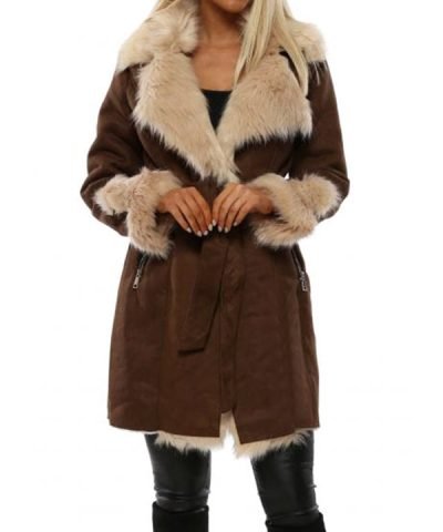 Women Faux Fur Brown Suede Leather Coat