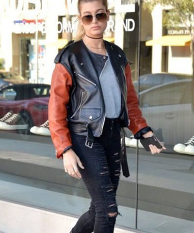 Hailey Baldwin Belted Leather Red And Black Jacket