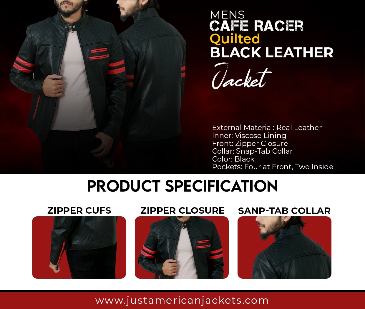 Mens Cafe Racer Quilted Black Leather Jacket Info graphic post