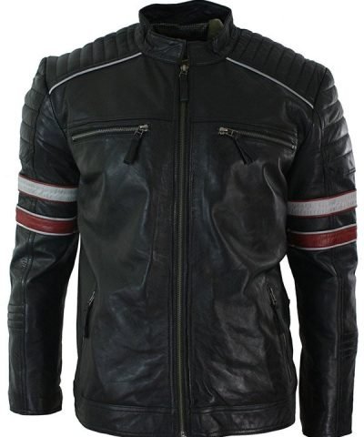 Men’s Cafe Racer Red & White Stripes Black Leather Jacket