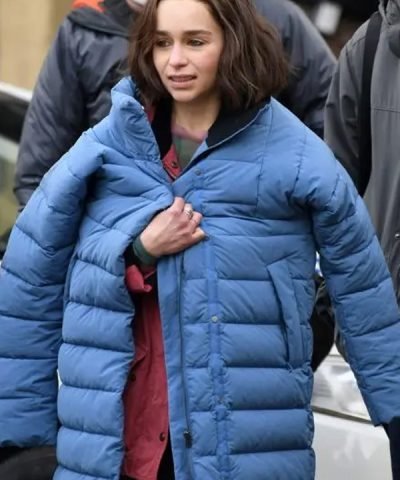 Secret Invasion Emilia Clarke Blue Puffer Trench Coat