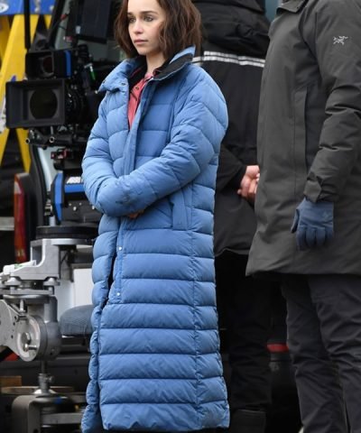 Secret Invasion Emilia Clarke Blue Puffer Trench Coat