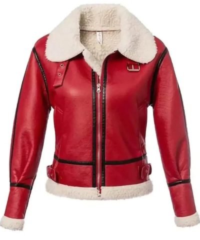 Womens Christmas Red Shearling Leather Jacket