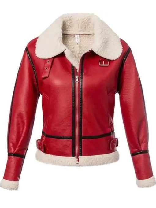 Womens Christmas Red Shearling Leather Jacket