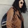 Zeynep Erman TV Series The Protector Hazar Ergüçlü Brown Leather Biker Jacket