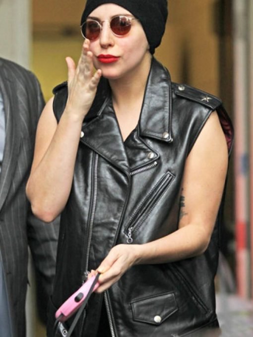 American Singer Lady Gaga Stylish Black Leather Vest