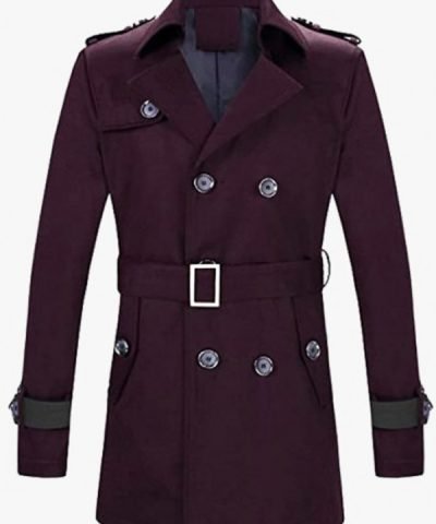 Men’s Double Breasted Belted Purple Wool Coat