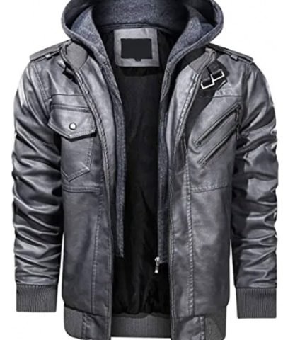 Men’s Biker Bomber Grey Removable Hooded Leather Jacket