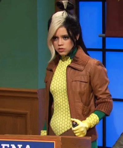 SNL 2023 Jenna Ortega Cropped Brown Leather Jacket