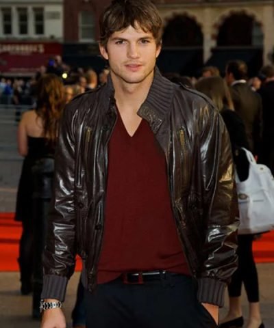 Peter Coleman Your Place or Mine 2023 Ashton Kutcher Brown Bomber Leather Jacket