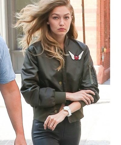 American Model Gigi Hadid Black Bomber Jacket