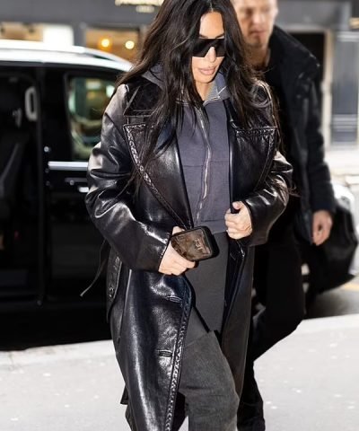 Kim Kardashian Black Trench Leather Coat