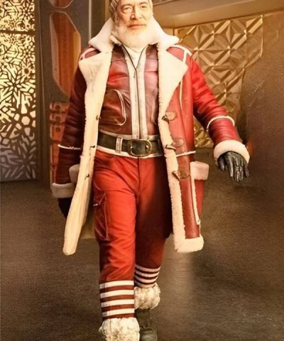 J.K. Simmons Red One 2023 Santa Claus Shearling Red Leather Coat