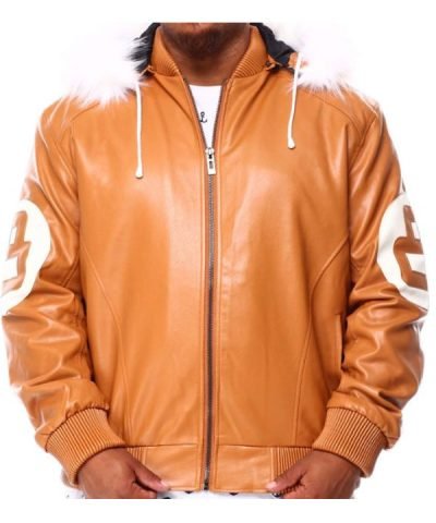 Brown 8 Ball Leather Parka Bomber Jacket with Fur Hood