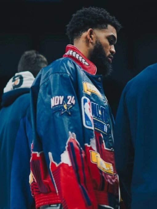 NBA All Star 2024 Karl Anthony Towns Blue and Red Leather Jacket