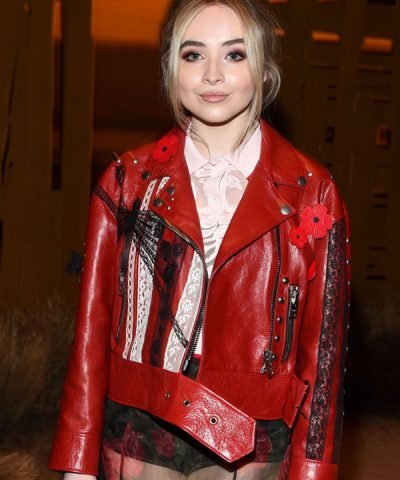 New York Fashion Week Sabrina Carpenter Red Biker Cropped Leather Jacket