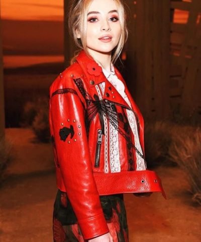 New York Fashion Week Sabrina Carpenter Red Leather Jacket