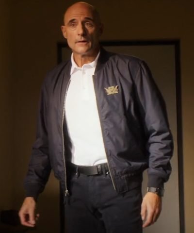 Mark Strong Atlas Movie 2024 General Jake Boothe Black Bomber Jacket