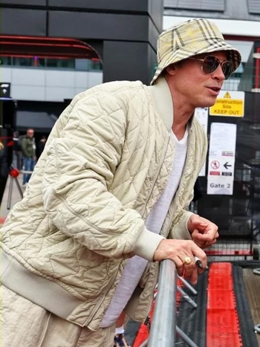 Movie F1 2025 Brad Pitt Off White Quilted Bomber Jacket