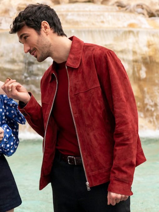 Emily in Paris Season 4 Part 2 Eugenio Franceschini Red Suede Leather Jacket