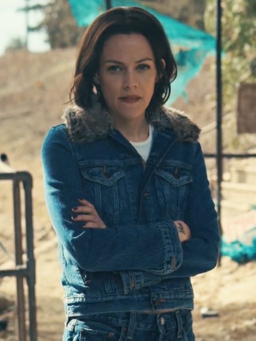 Under The Bridge 2024 Riley Keough Blue Shearling Denim Jacket