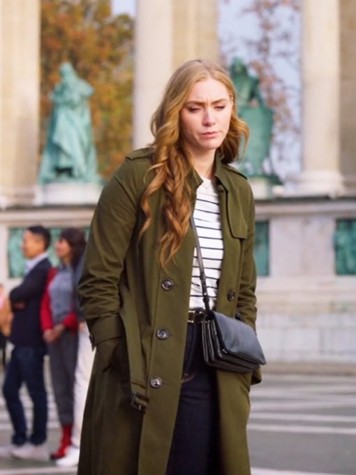 Movie Love On The Danube Royal Getaway 2024 Jessica Sipos Green Trench Coat