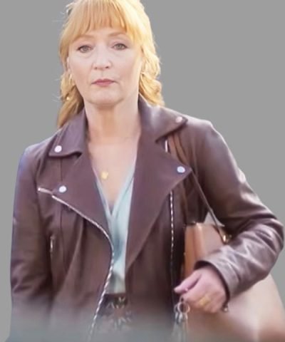 TV Series Moonflower Murders 2024 Lesley Manville Brown Leather Jacket