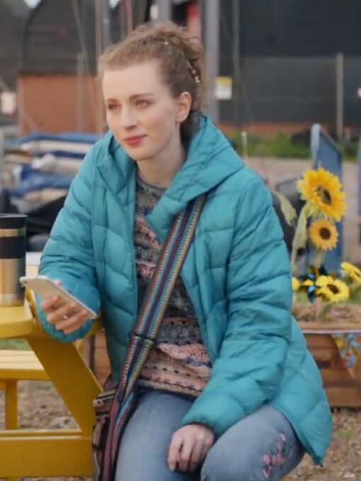 TV Series Whitstable Pearl 2024 Rachel Woodward Carlton Blue Hooded Puffer Jacket