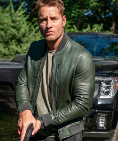 TV Series Tracker 2024 Justin Hartley Green Bomber Leather Jacket