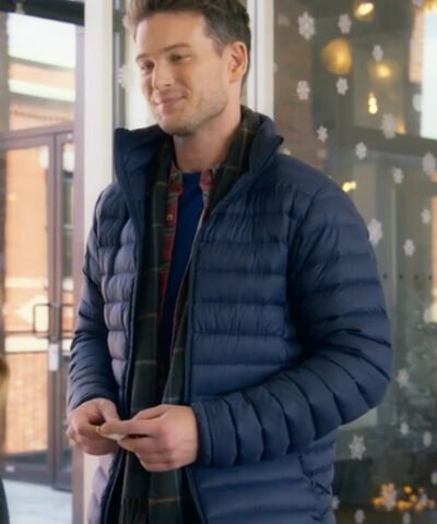 Movie Holiday Mismatch 2024 Shane Harrison Blue Puffer Jacket