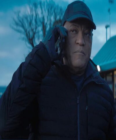 Movie The Amateur 2025 Laurence Fishburne Black Puffer Jacket