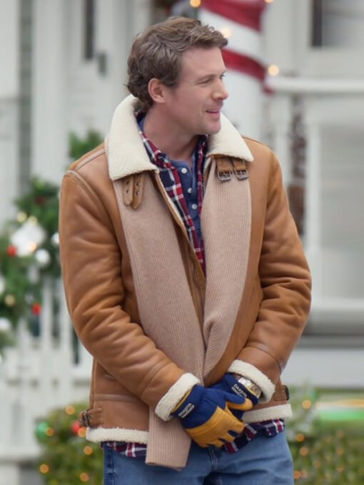 Movie Believe in Christmas 2024 Ethan Crane Shearling Brown Leather Jacket