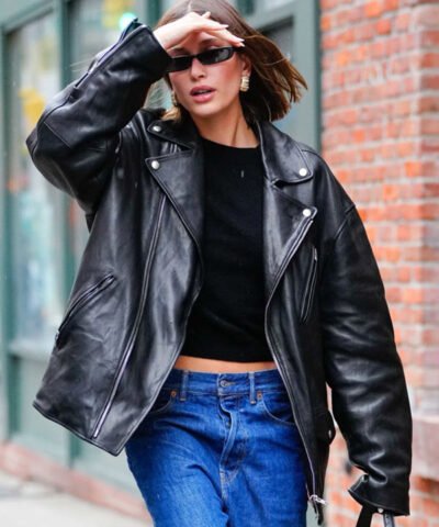 Hailey Bieber 2023 Black Biker Leather Jacket