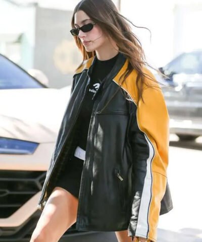 Hailey Bieber Black and Yellow Leather Jacket