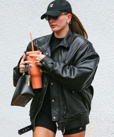 Hailey Bieber 2024 Black Oversize Leather Jacket