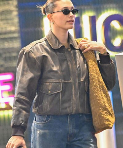 Model Hailey Bieber 2025 Brown Leather Bomber Jacket