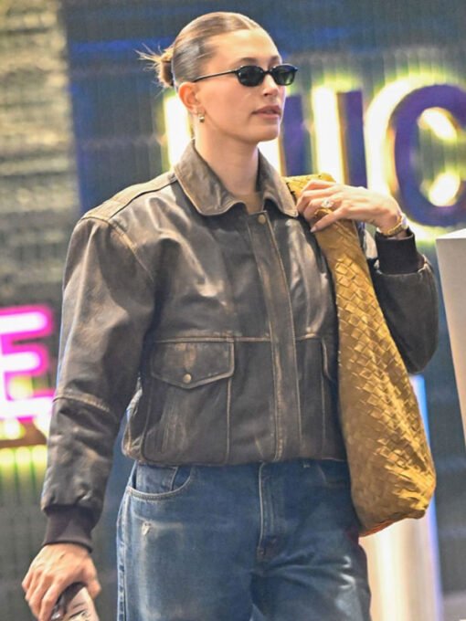 Model Hailey Bieber 2025 Brown Leather Bomber Jacket