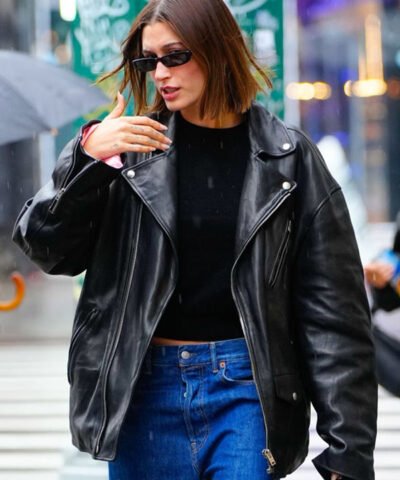 Hailey Bieber Black Leather Motorcycle Jacket