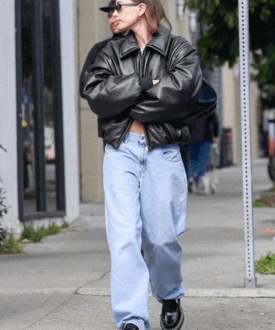 LA Hailey Bieber Leather Bomber Jacket