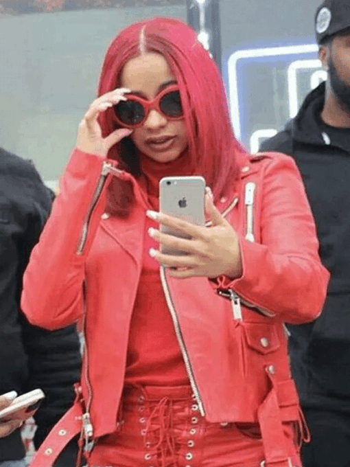 Cardi B Red Leather Jacket